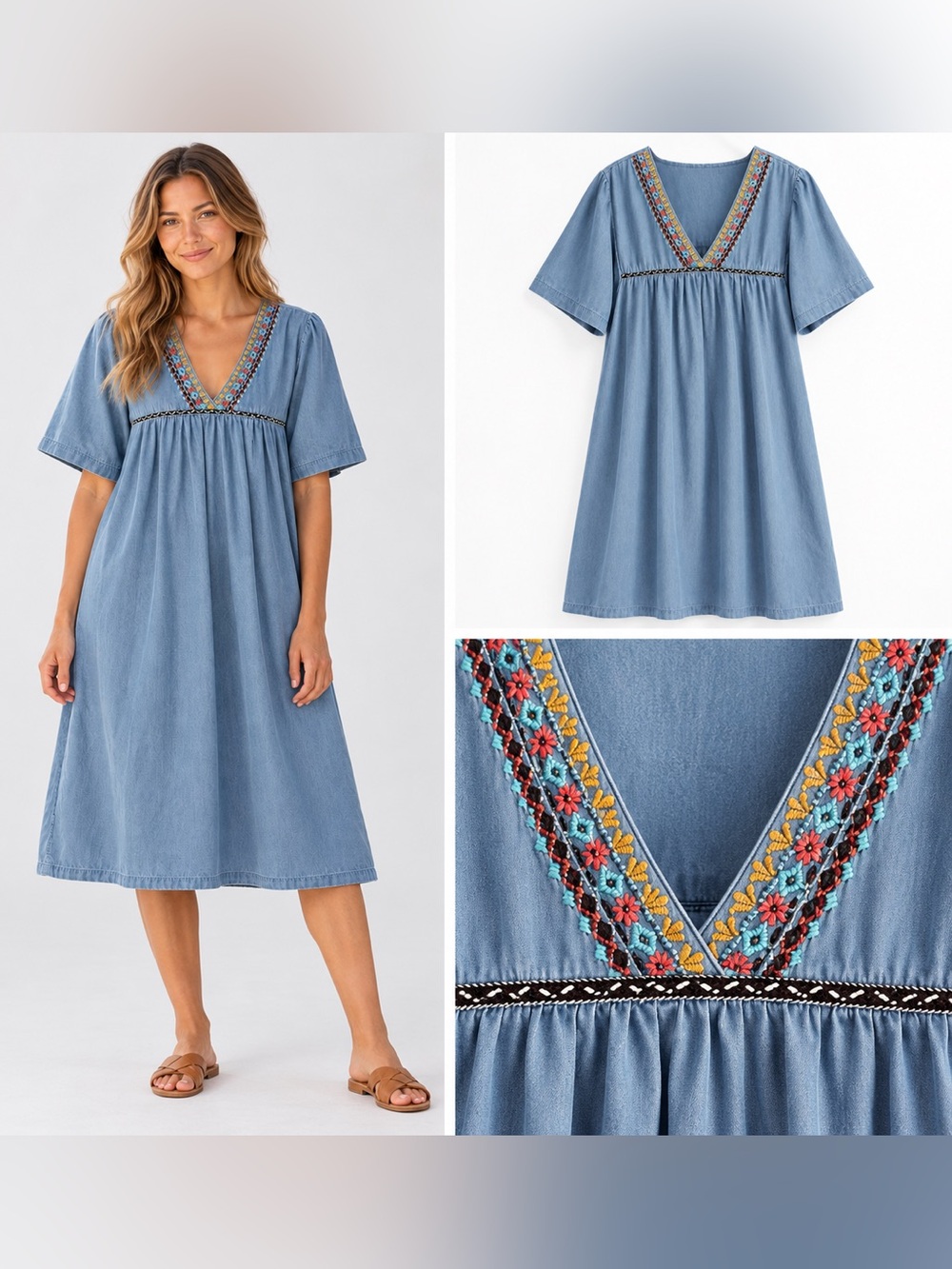 Go Softly Blue Chambray Embroidered Patio Dress XL Boho Caftan